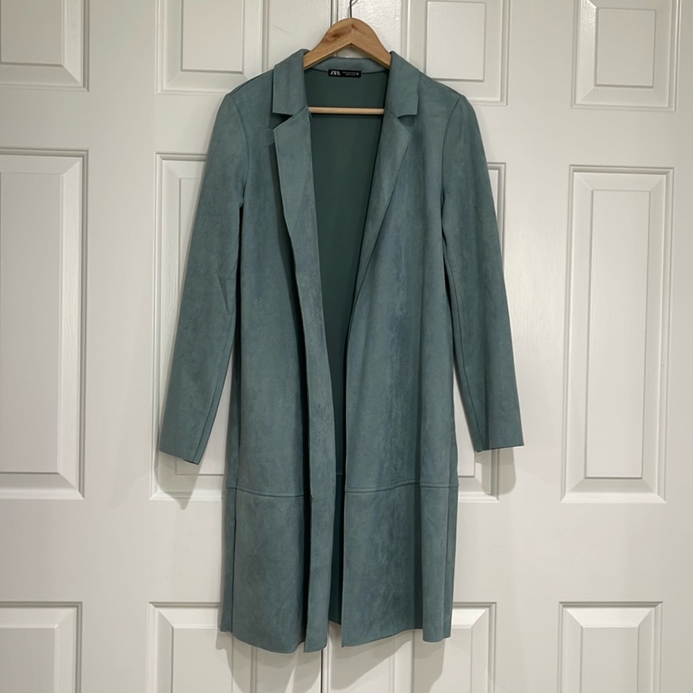 Zara dusty blue faux suede open trench